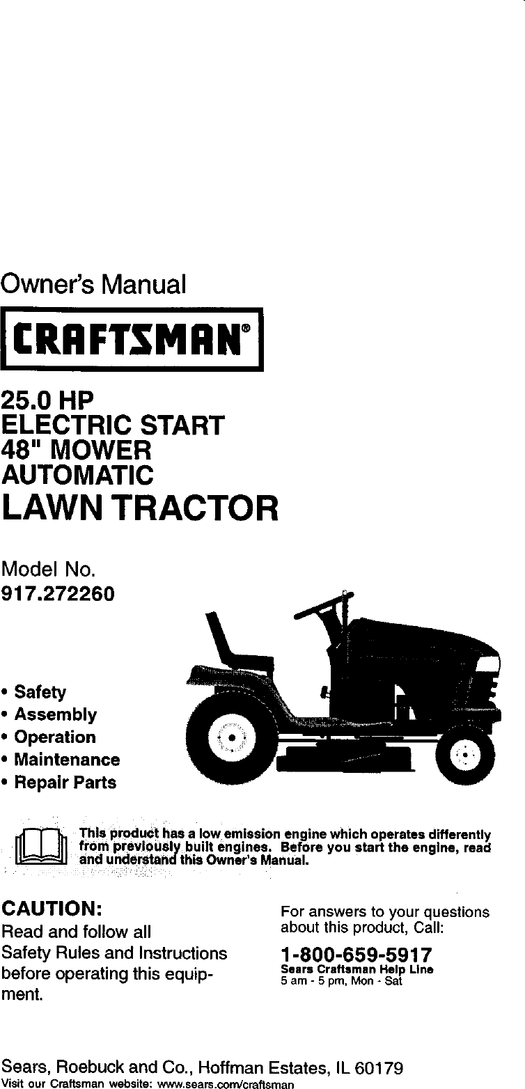 Craftsman 917272260 User Manual LAWN TRACTOR Manuals And Guides L0103279