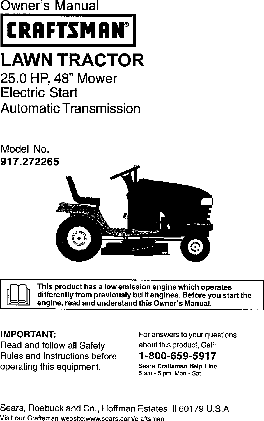 Craftsman 917272265 User Manual LAWN TRACTOR Manuals And Guides L0207063