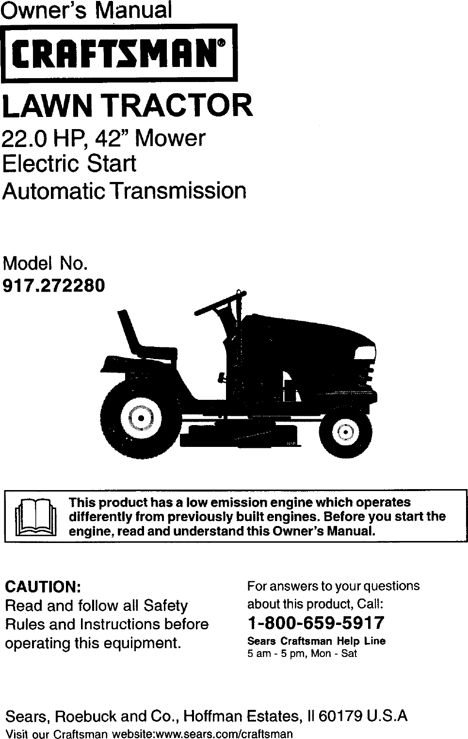 Craftsman 917272280 User Manual LAWN TRACTOR Manuals And Guides L0204046