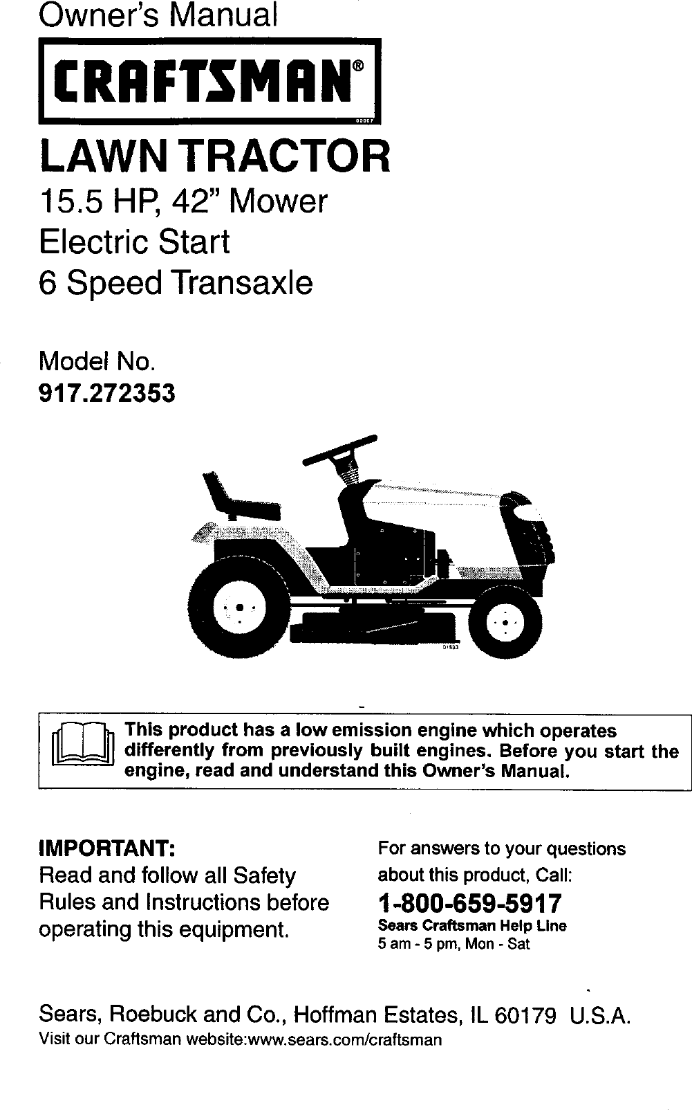 Craftsman 917272353 User Manual LAWN TRACTOR Manuals And Guides L0306107