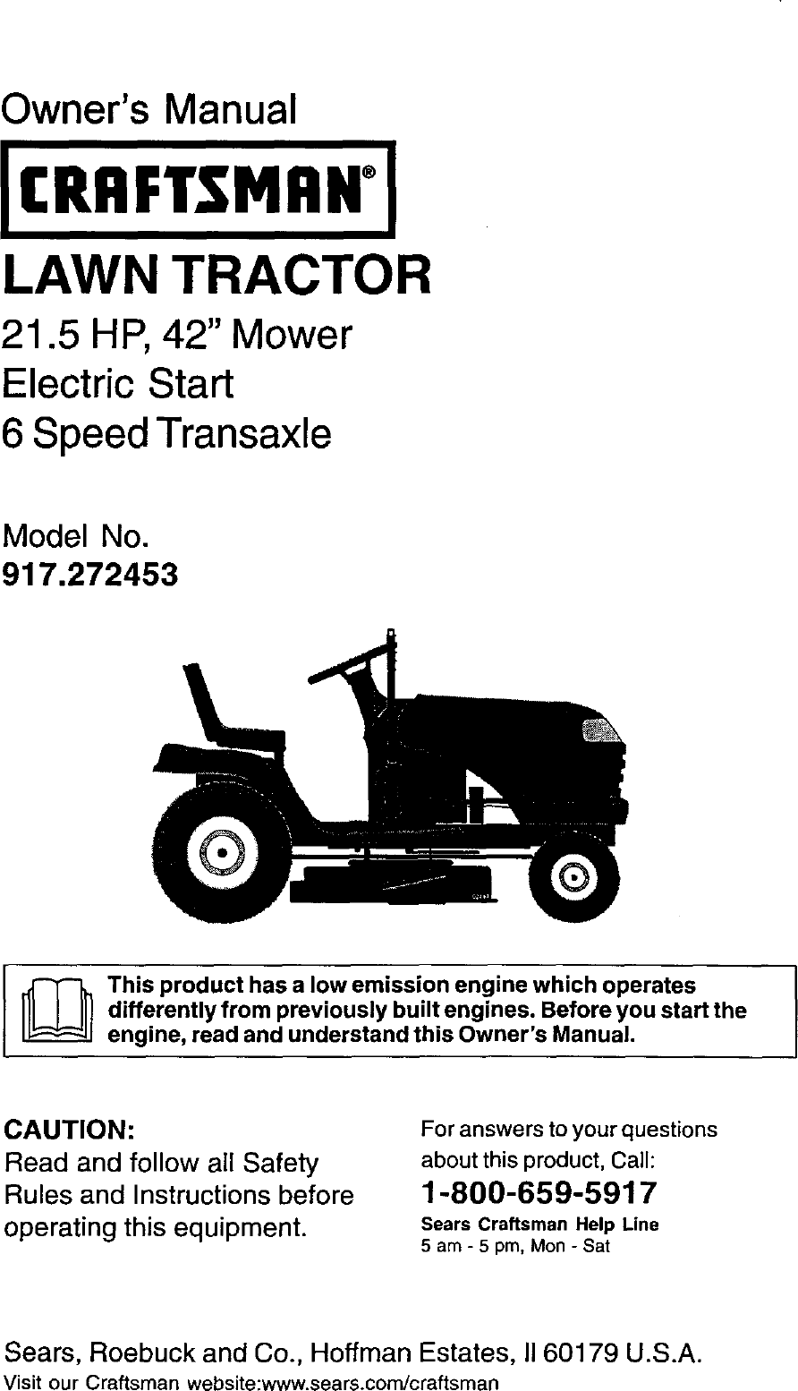 Craftsman 917272453 User Manual LAWN TRACTOR Manuals And Guides L0205018