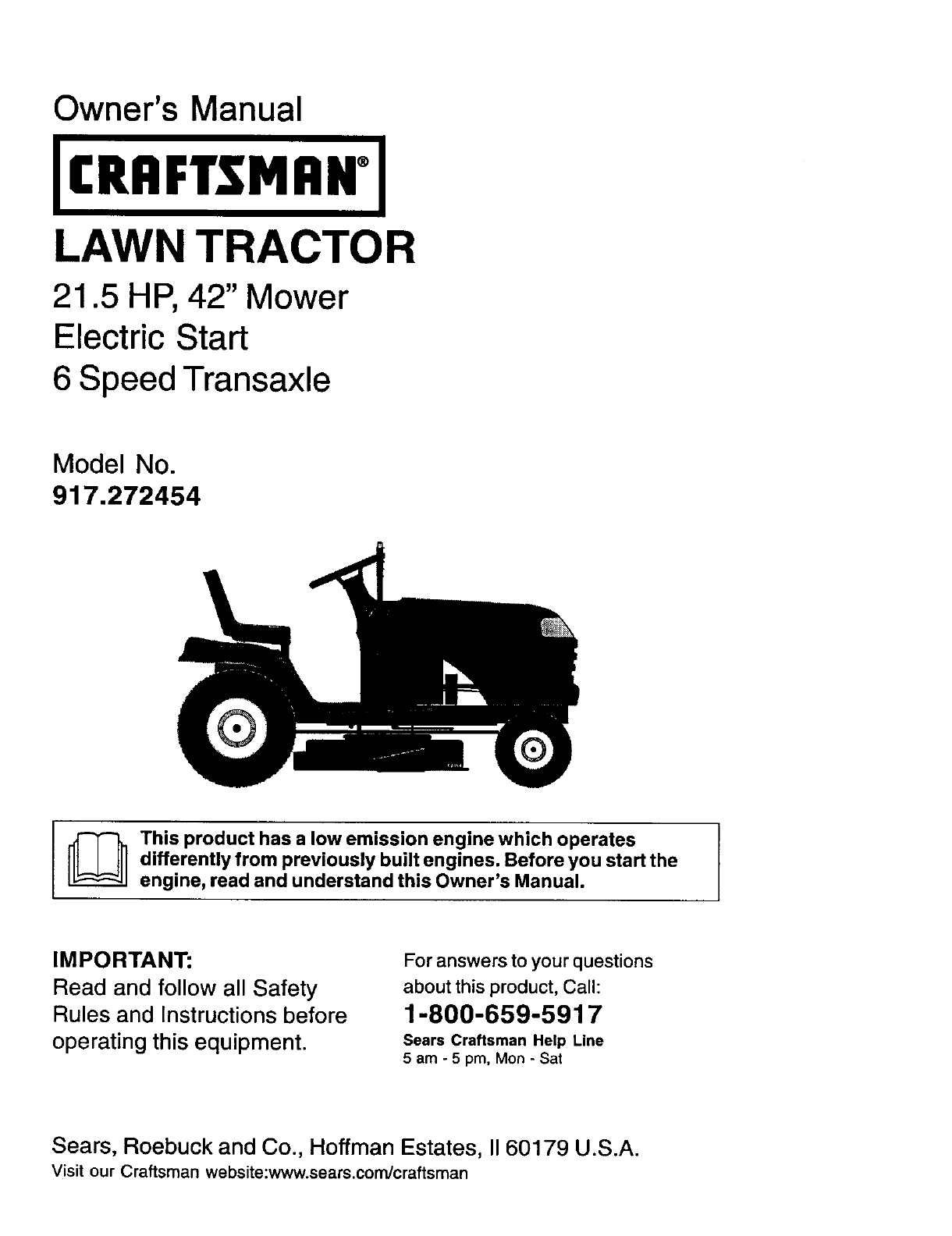 Craftsman 917272454 User Manual LAWN TRACTOR Manuals And Guides L0206261