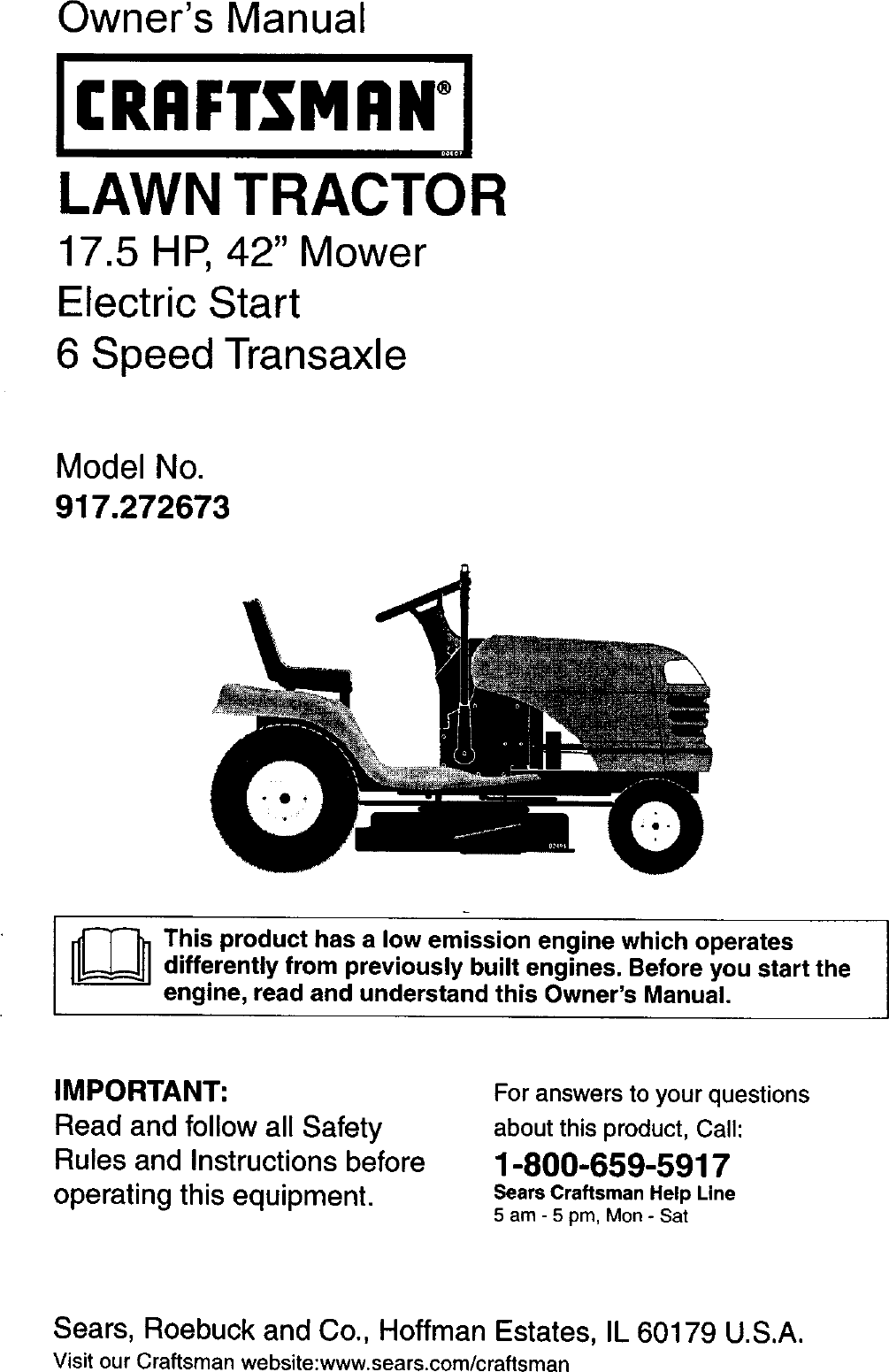 Craftsman 917272673 User Manual LAWN TRACTOR Manuals And Guides L0306105