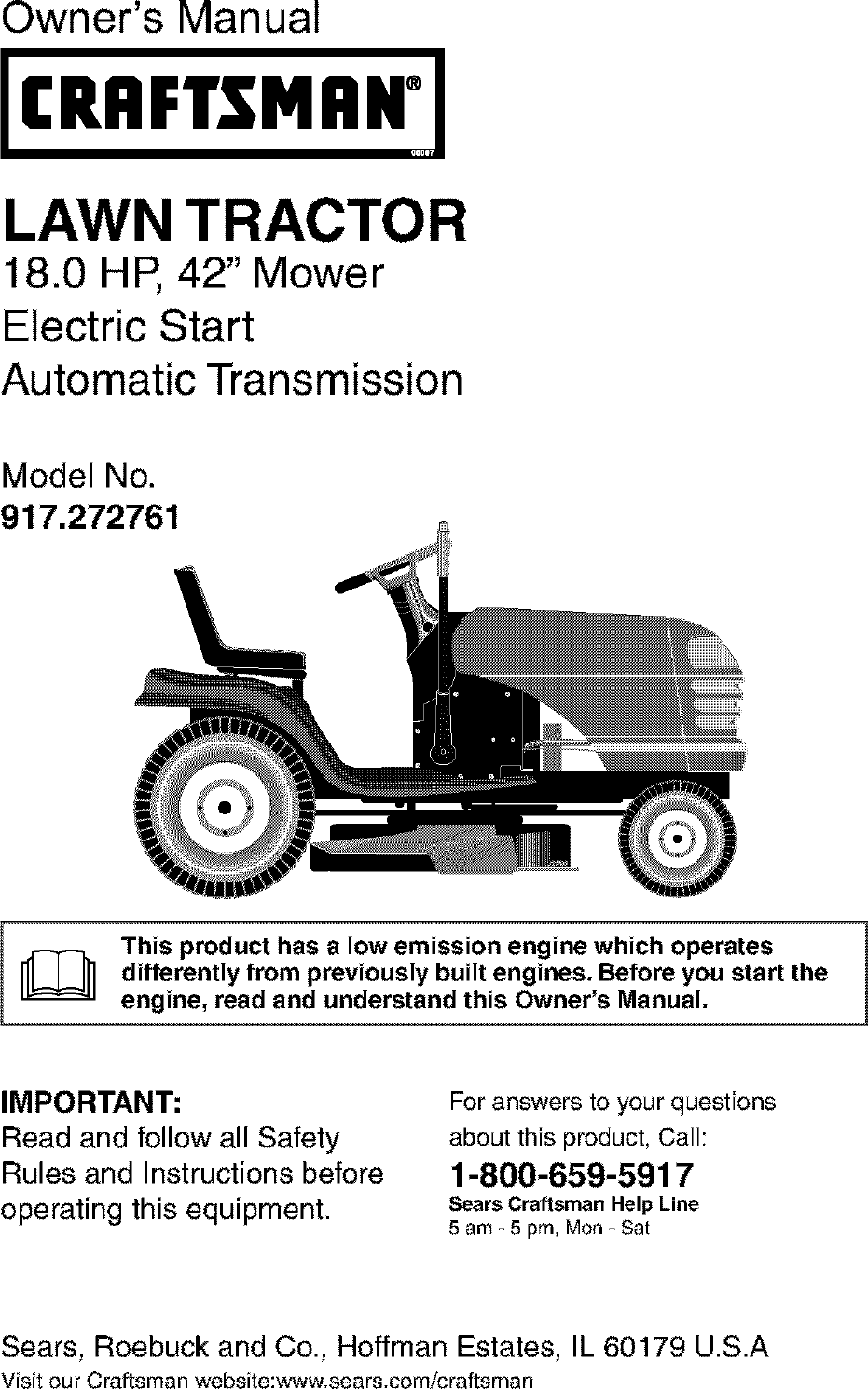 Craftsman 917272761 User Manual LAWN TRACTOR Manuals And Guides L0307083