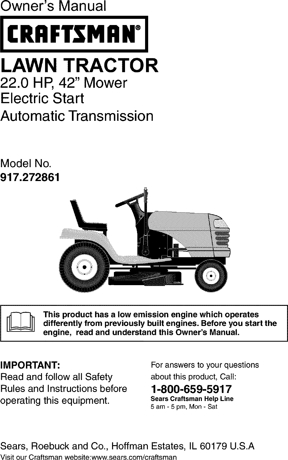 Craftsman 917272861 User Manual LAWN TRACTOR Manuals And Guides L0309175