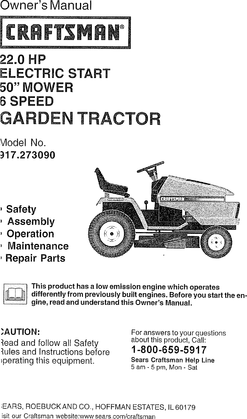 Craftsman 917273090 User Manual TRACTOR Manuals And Guides L0806851