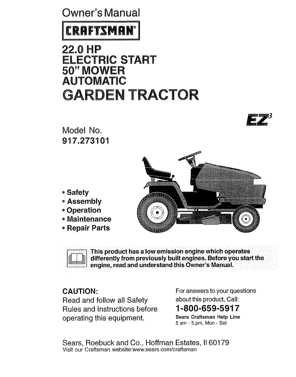 Craftsman 917273101 User Manual Tractor Manuals And Guides L0907450