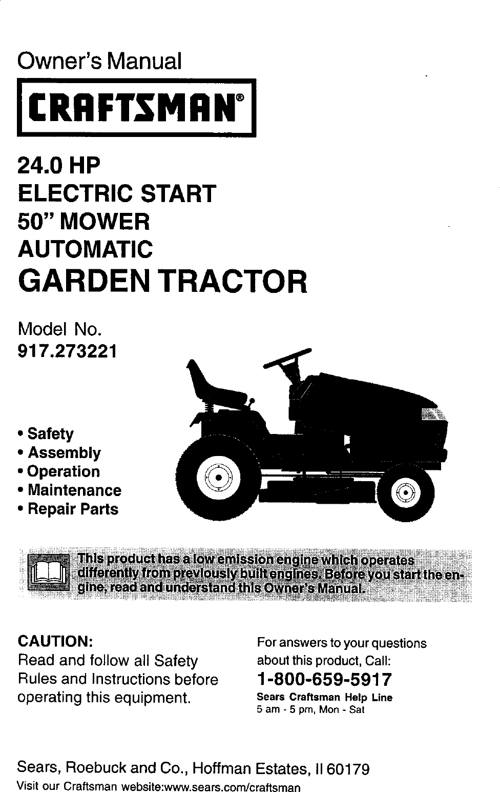 Craftsman 917273221 User Manual TRACTOR Manuals And Guides L0404156