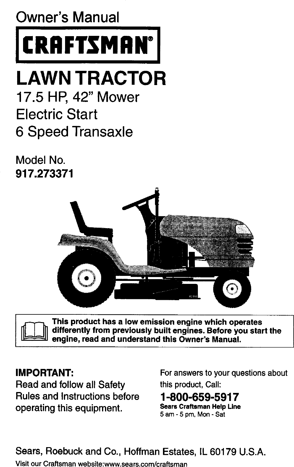 Craftsman 917273371 User Manual LAWN TRACTOR Manuals And Guides L0401211