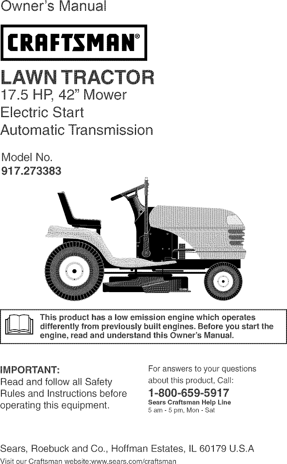 Craftsman 917273383 User Manual LAWN TRACTOR Manuals And Guides L0407172