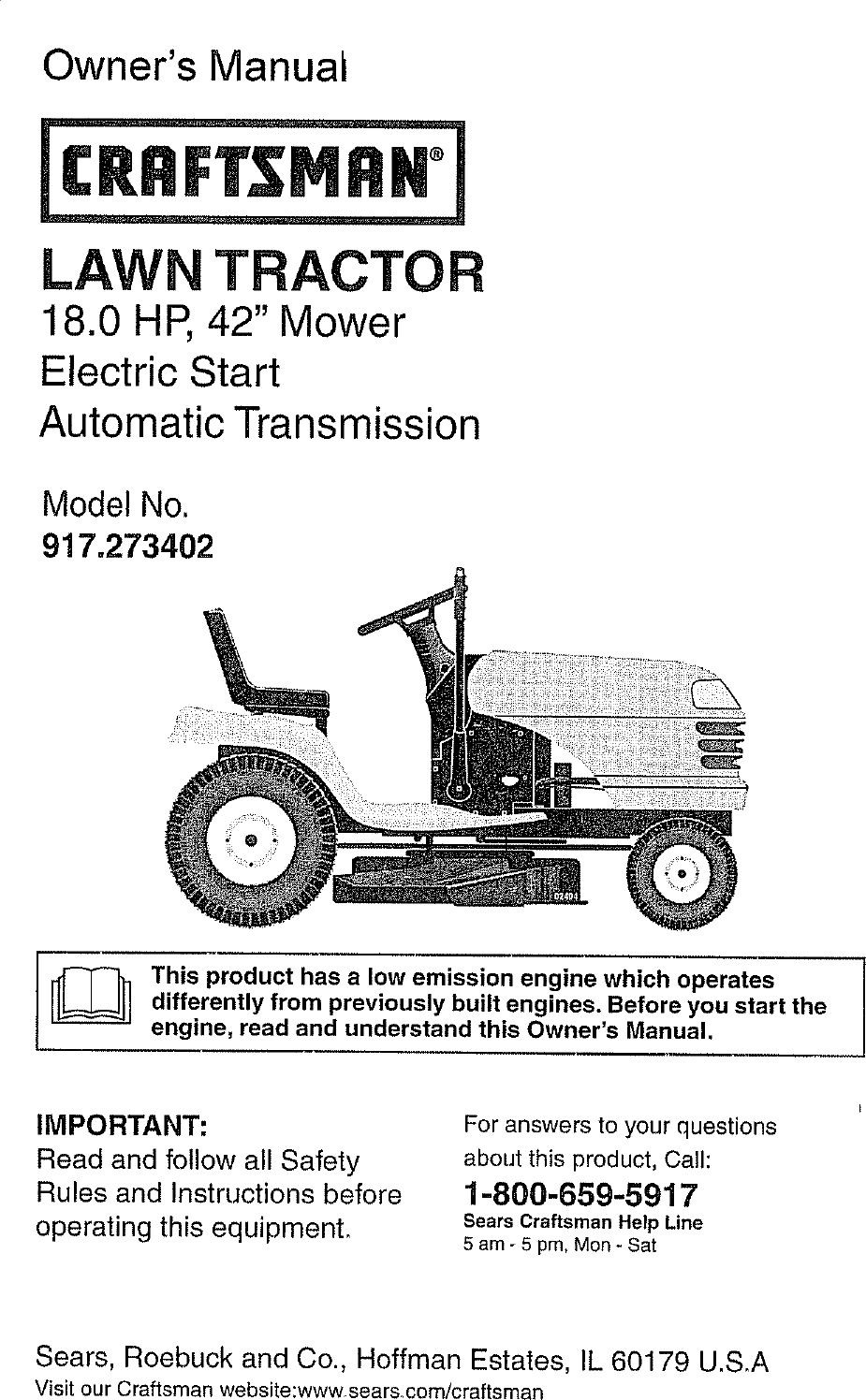 Craftsman 917273402 User Manual Lawn Tractor Manuals And Guides L0807537