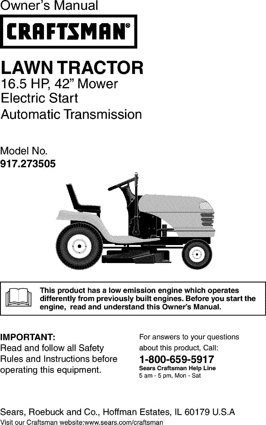 Craftsman 917273505 User Manual LAWN TRACTOR Manuals And Guides L0404216