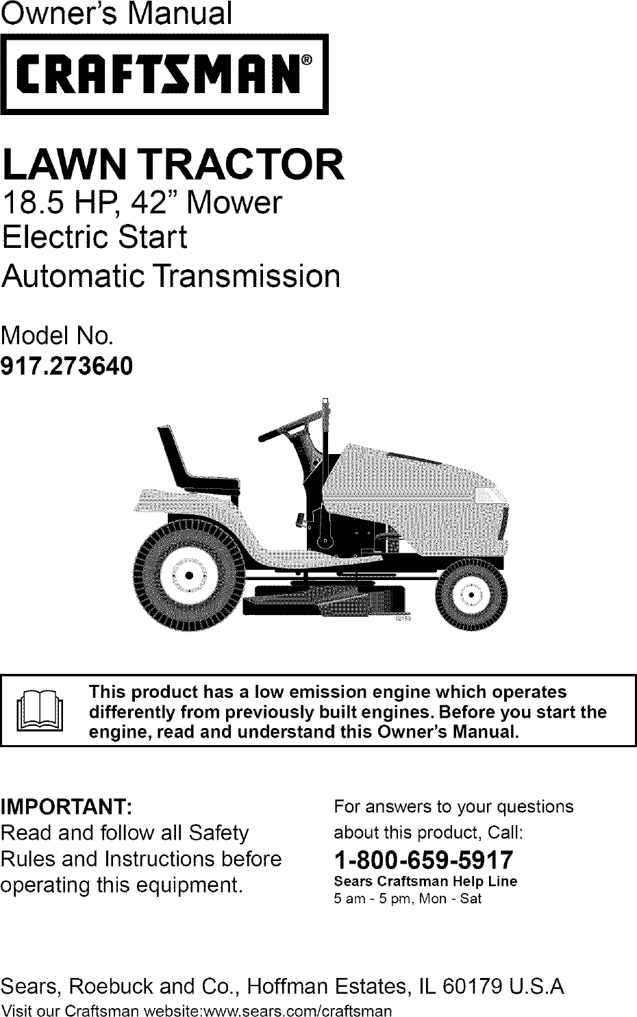 Craftsman 917273640 User Manual LAWN TRACTOR Manuals And Guides L0409416