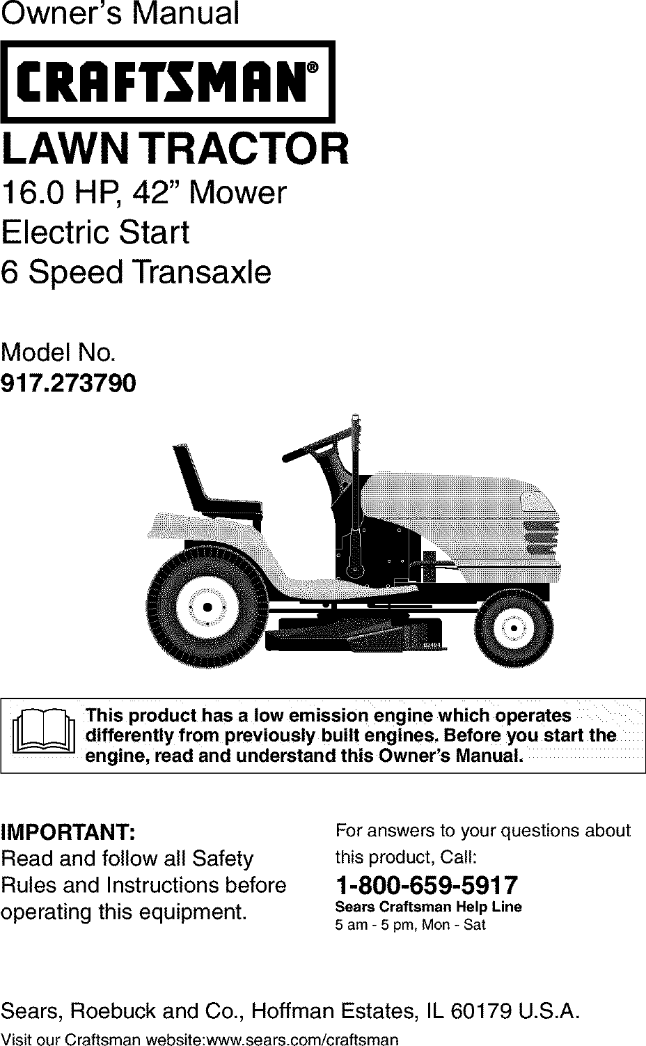 Craftsman 917273790 User Manual LAWN TRACTOR Manuals And Guides L0311313