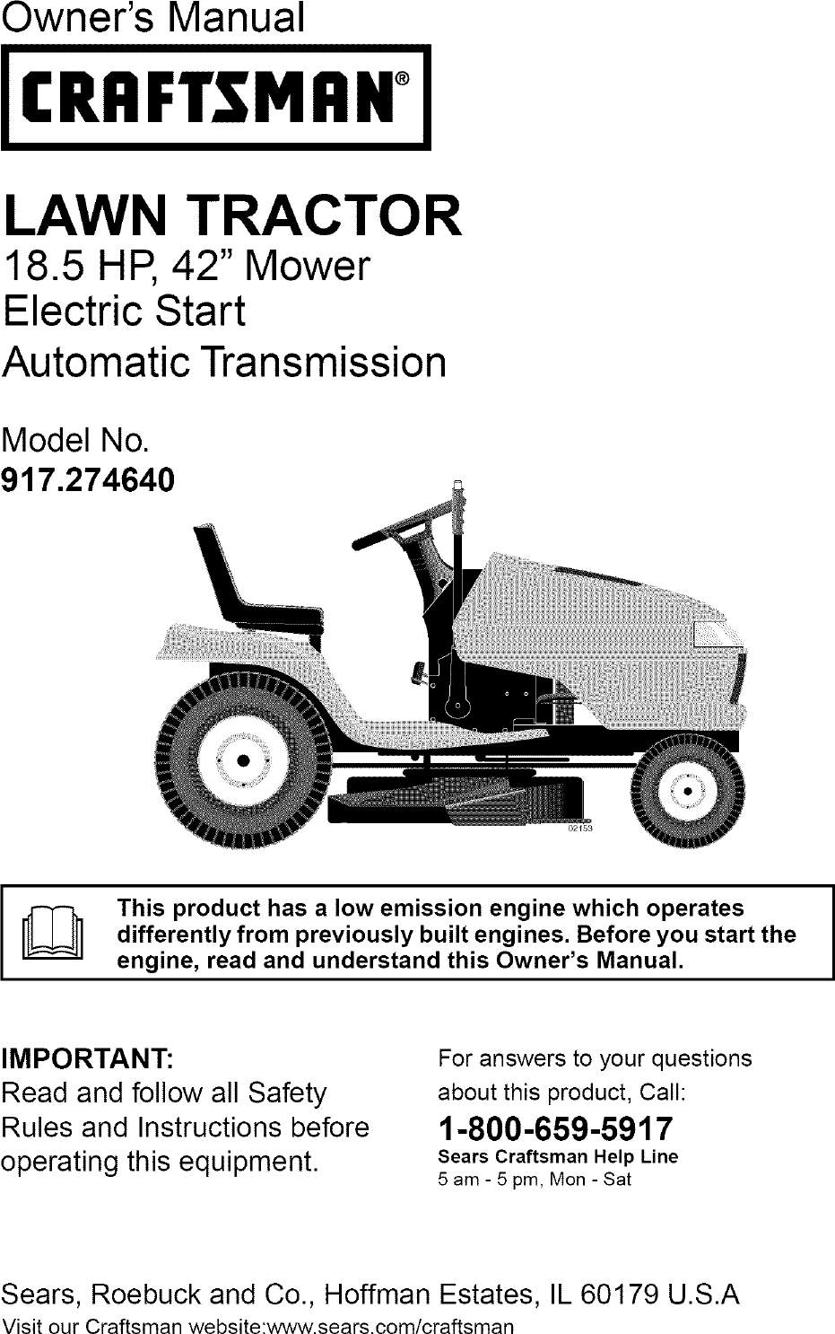 Craftsman 917274640 User Manual LAWN TRACTOR Manuals And Guides L0521918