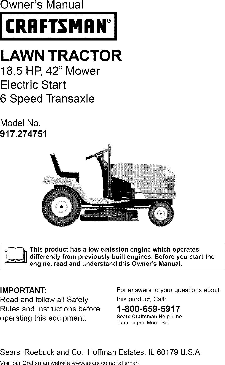 Craftsman 917274751 User Manual LAWN TRACTOR Manuals And Guides L0409544