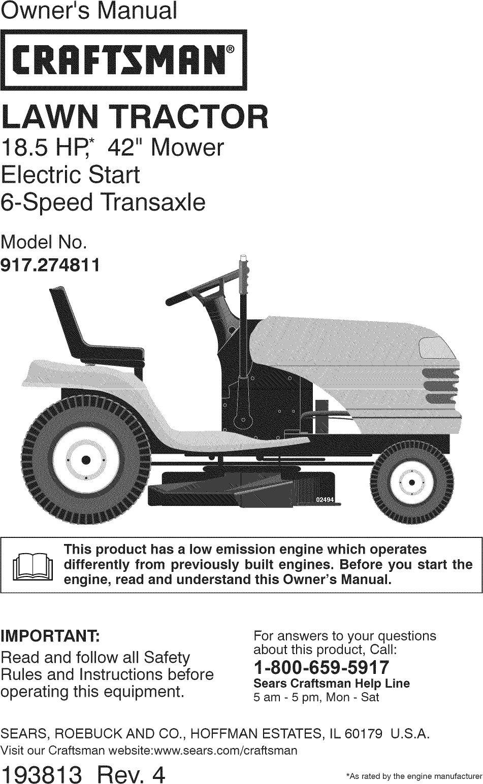 Owner's ManualCRRFrSMRM°TRACTO42" MowerElectric Start6-Speed  TransaxleModel No.917.274811This
