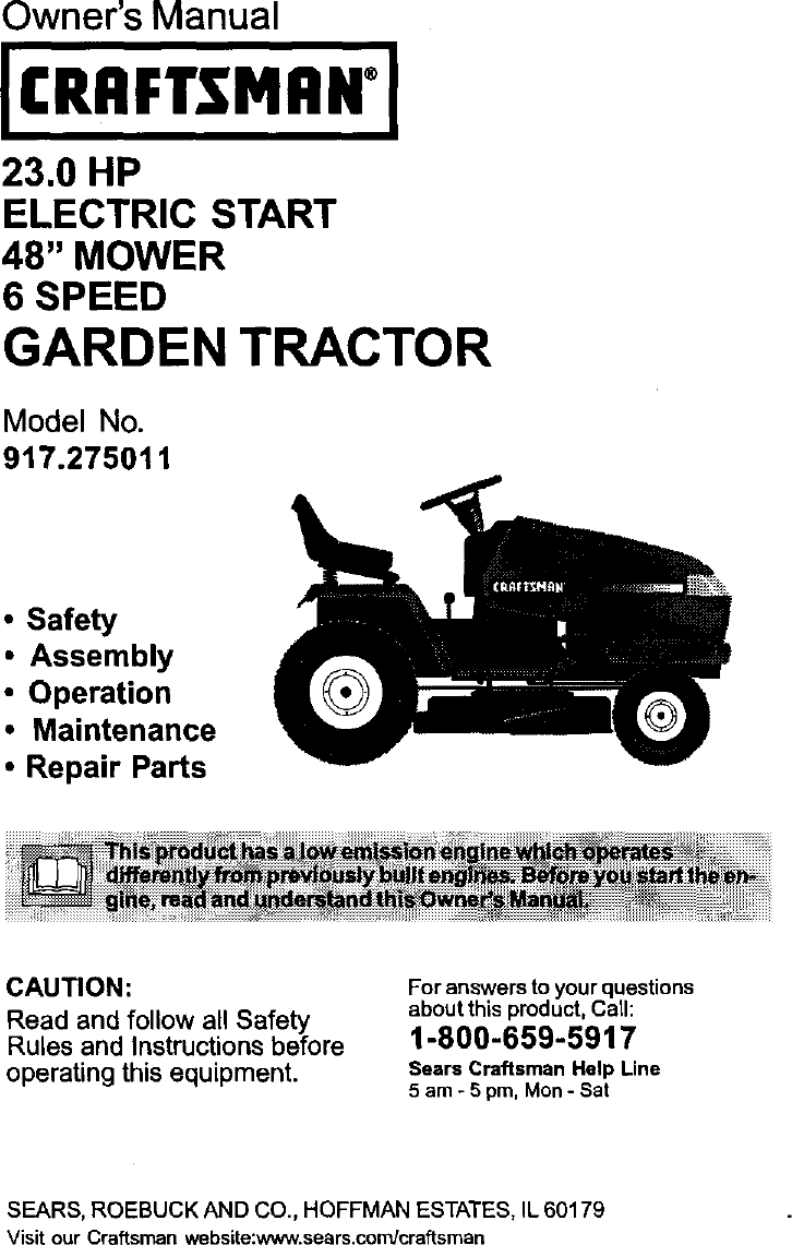 Craftsman 917275011 User Manual LAWN TRACTOR Manuals And Guides L0103114