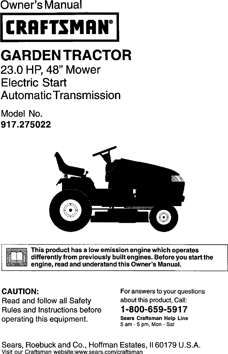 Craftsman 917275022 User Manual LAWN TRACTOR Manuals And Guides L0202153