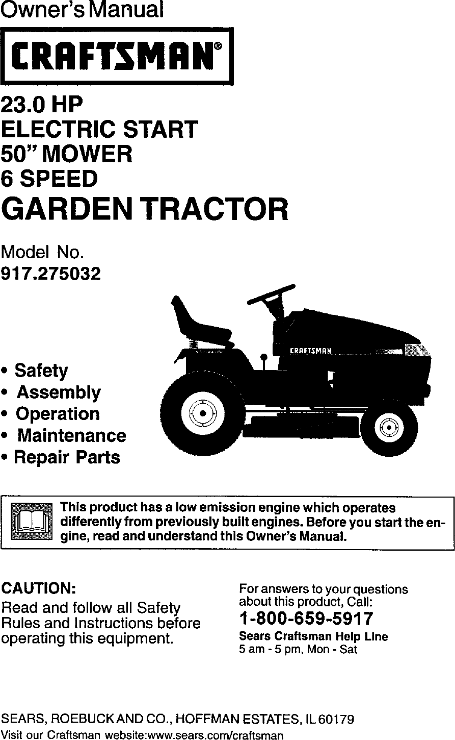 Craftsman 917275032 User Manual LAWN TRACTOR Manuals And Guides L0202155