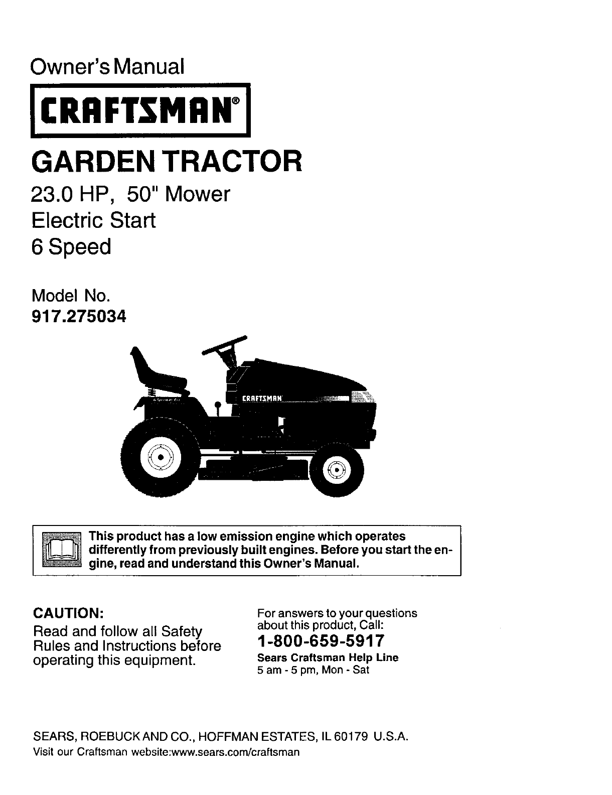 Craftsman 917275034 User Manual LAWN TRACTOR Manuals And Guides L0203050