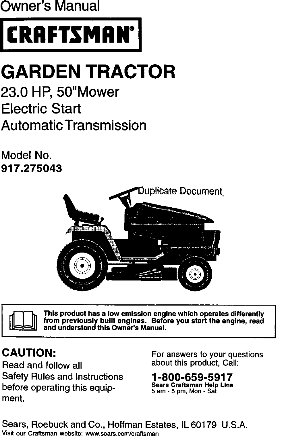 Craftsman 917275043 User Manual LAWN TRACTOR Manuals And Guides L0203119