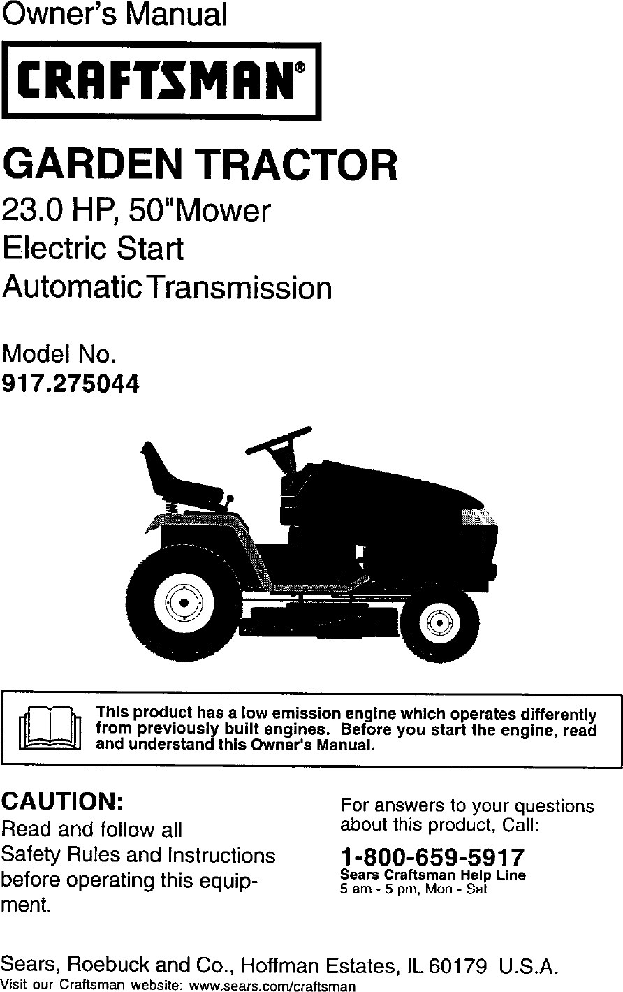 Craftsman 917275044 User Manual LAWN TRACTOR Manuals And Guides L0203052