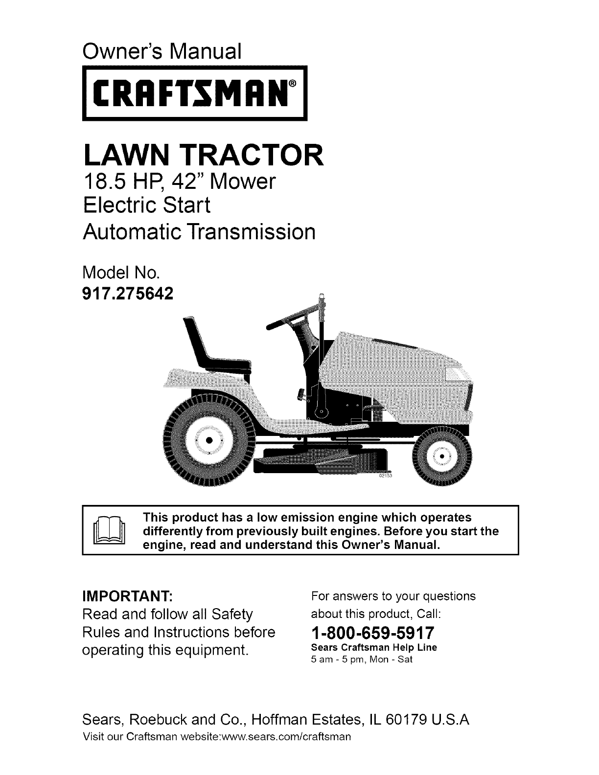 Craftsman 917275642 User Manual LAWN TRACTOR Manuals And Guides L0521922