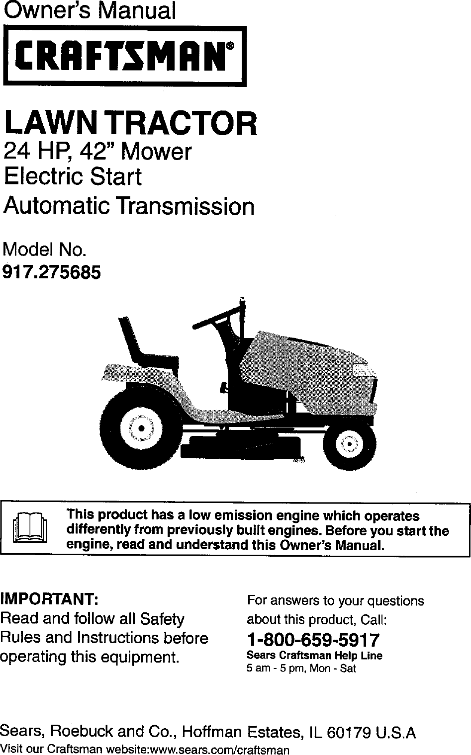 Craftsman 917275685 User Manual LAWN TRACTOR Manuals And Guides L0521359