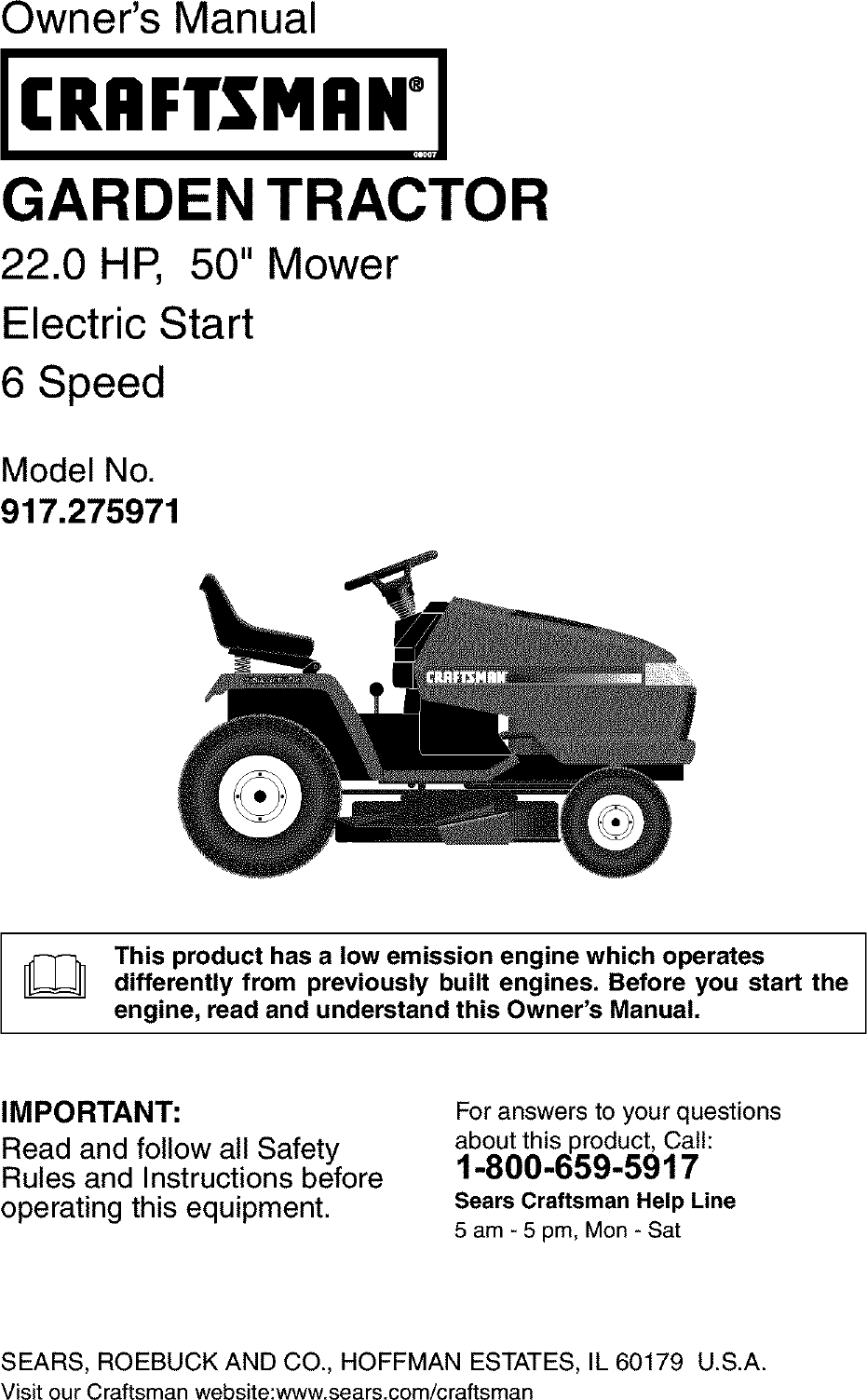 Craftsman 917275971 User Manual TRACTOR Manuals And Guides L0304206