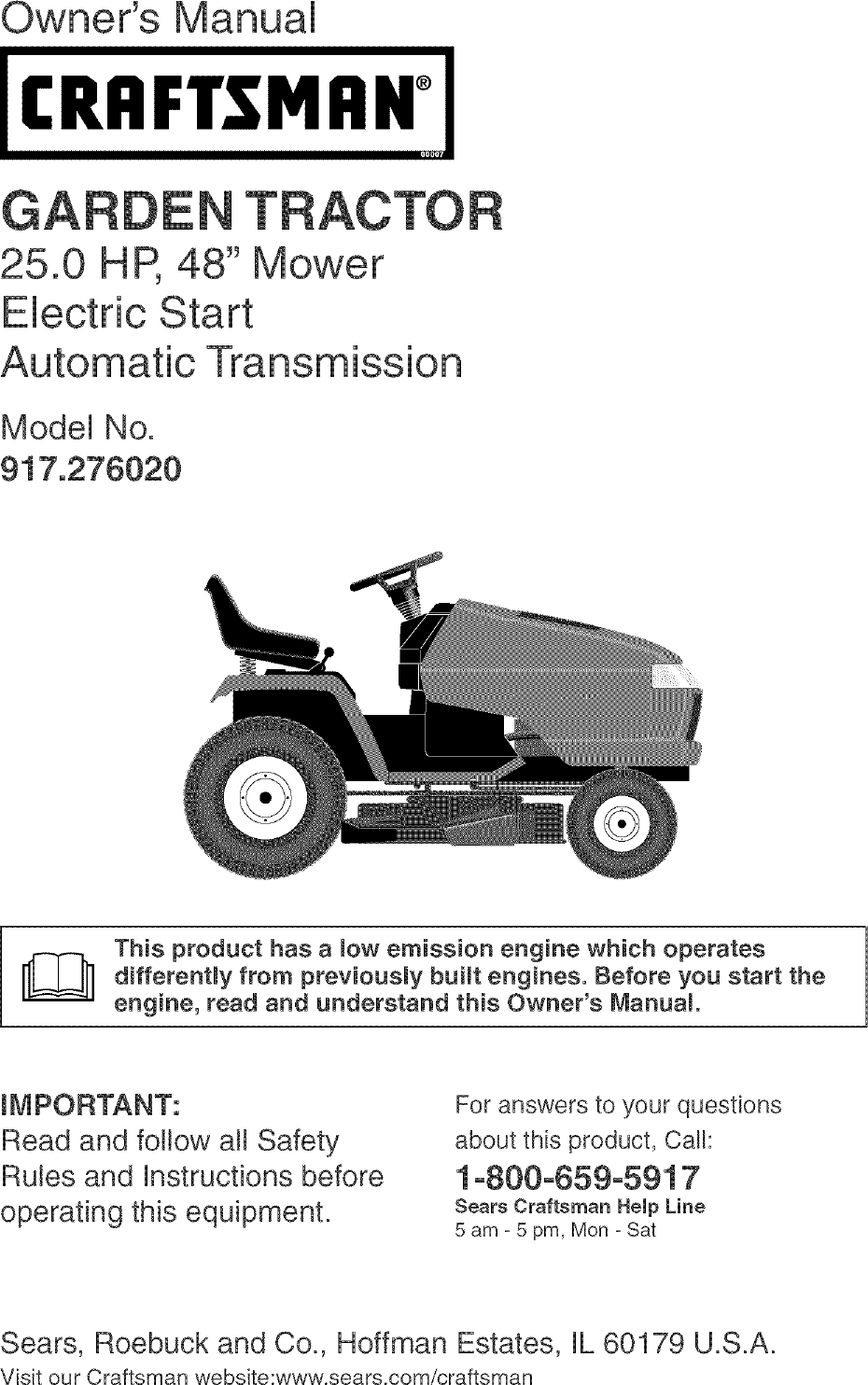 Craftsman 917276020 User Manual GARDEN TRACTOR Manuals And Guides L0408155