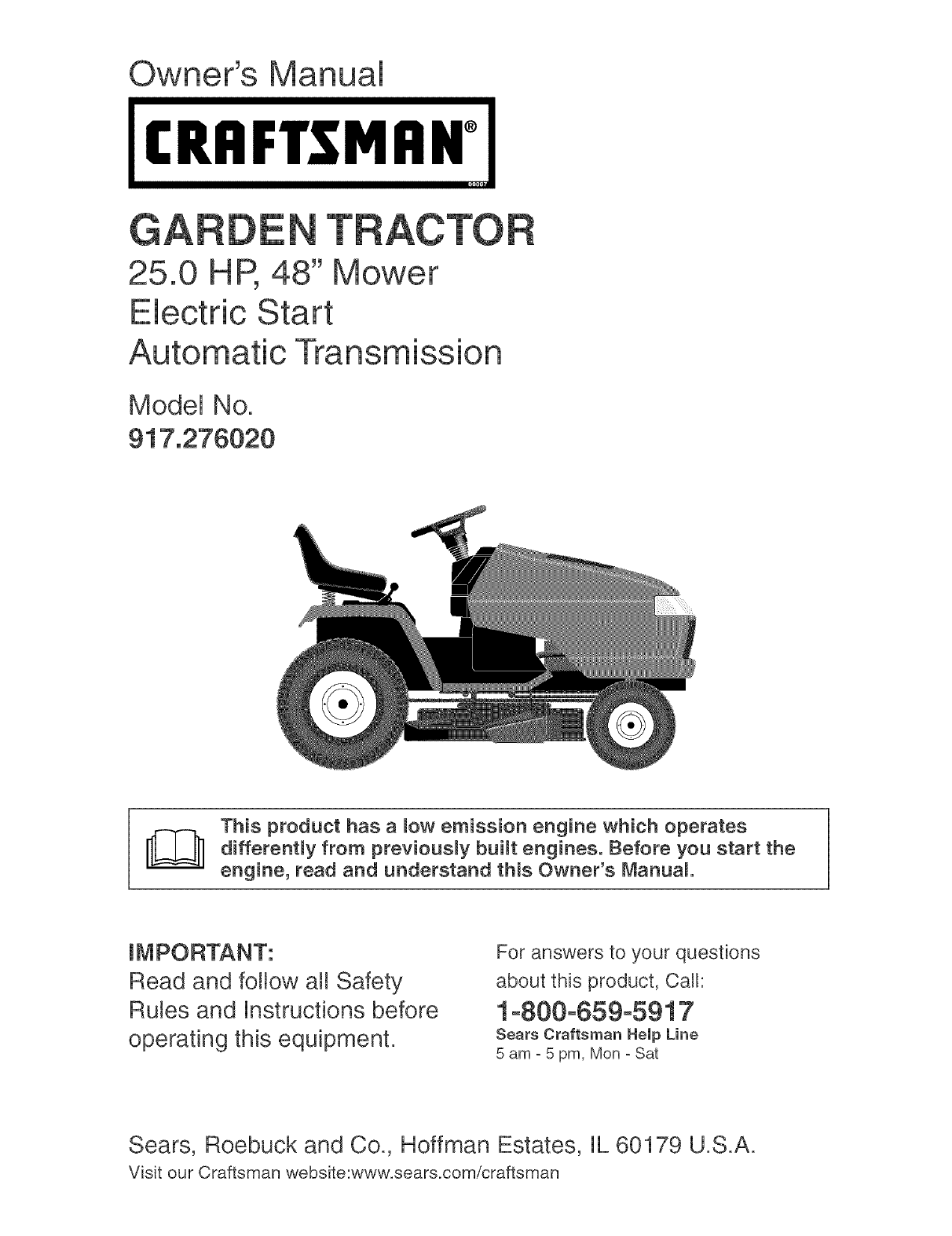 Craftsman 917276020 User Manual GARDEN TRACTOR Manuals And Guides L0408155