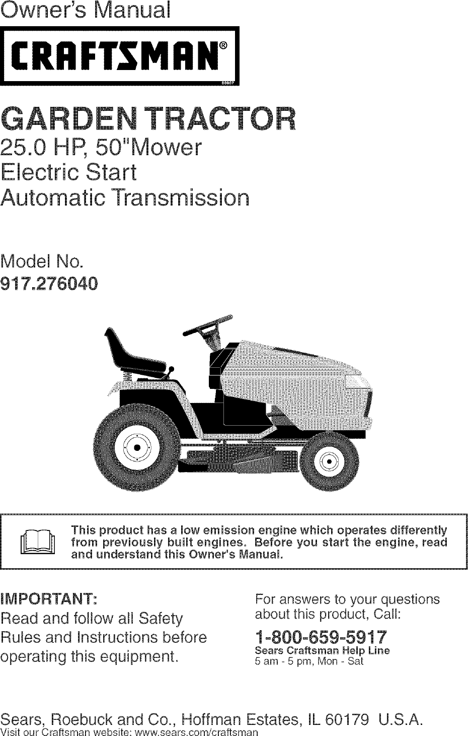 Craftsman 917276040 User Manual GARDEN TRACTOR Manuals And Guides L0408157