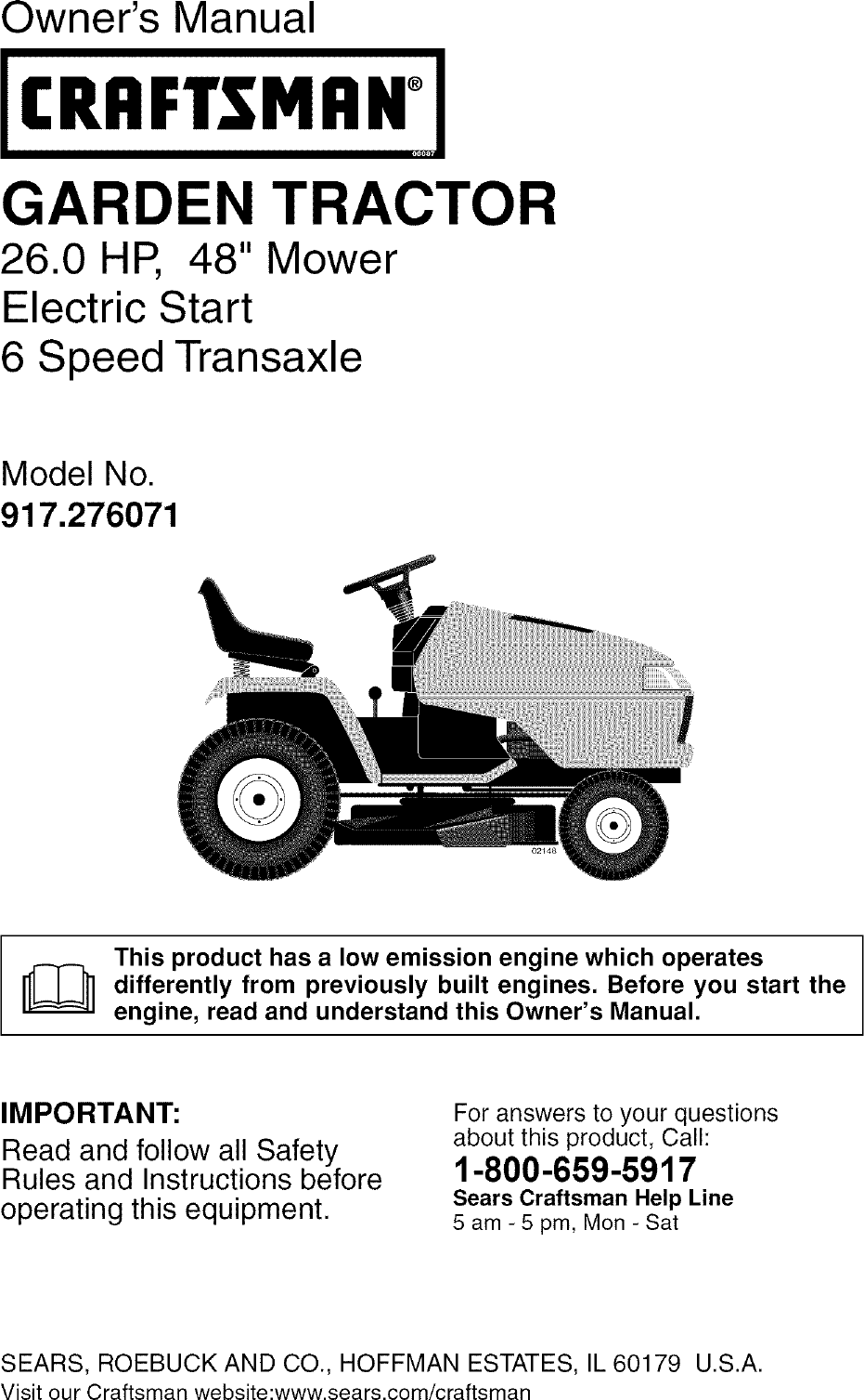 Craftsman 917276071 User Manual Tractor Manuals And Guides L0606005