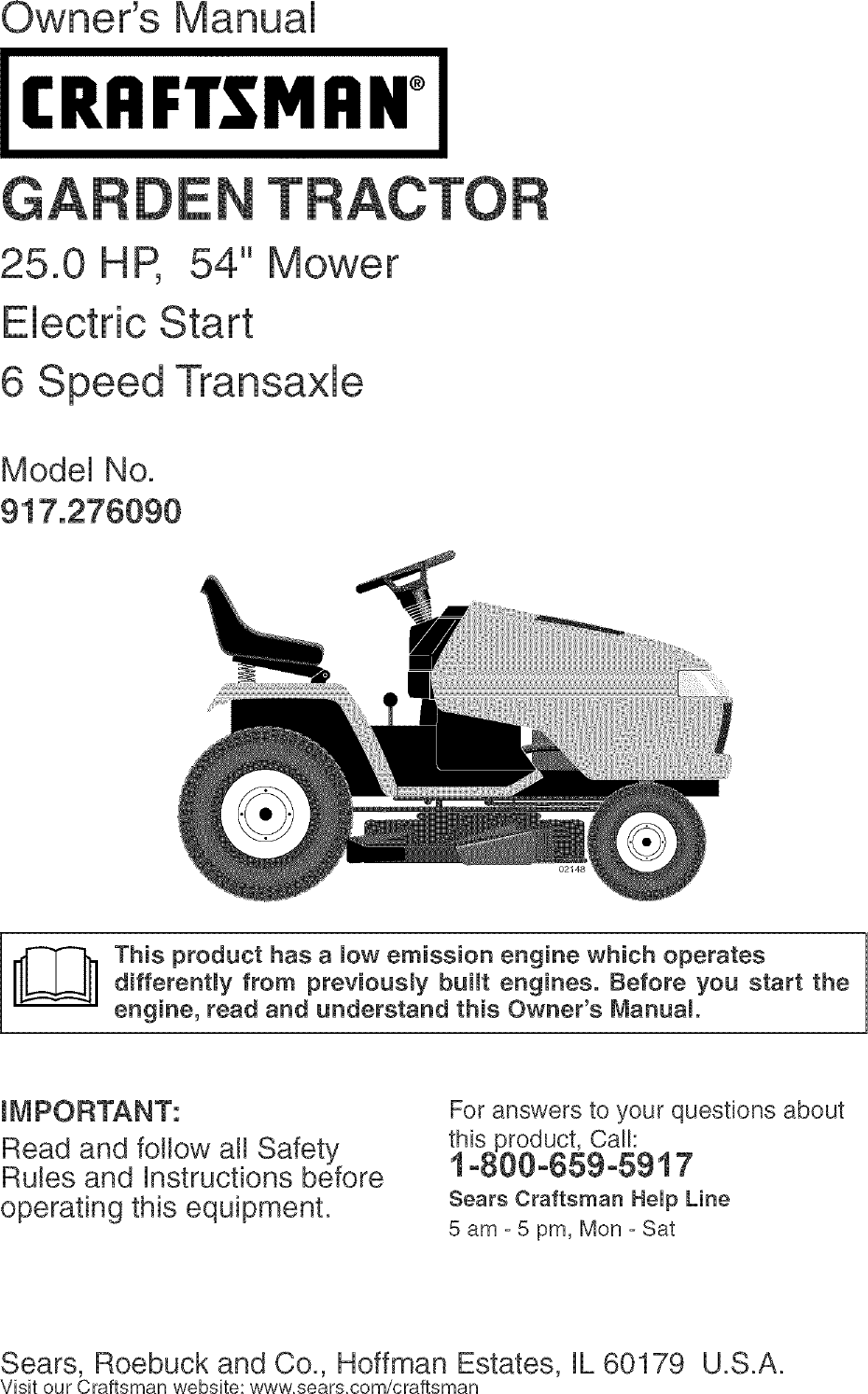 Craftsman 917276090 User Manual GARDEN TRACTOR Manuals And Guides L0408159