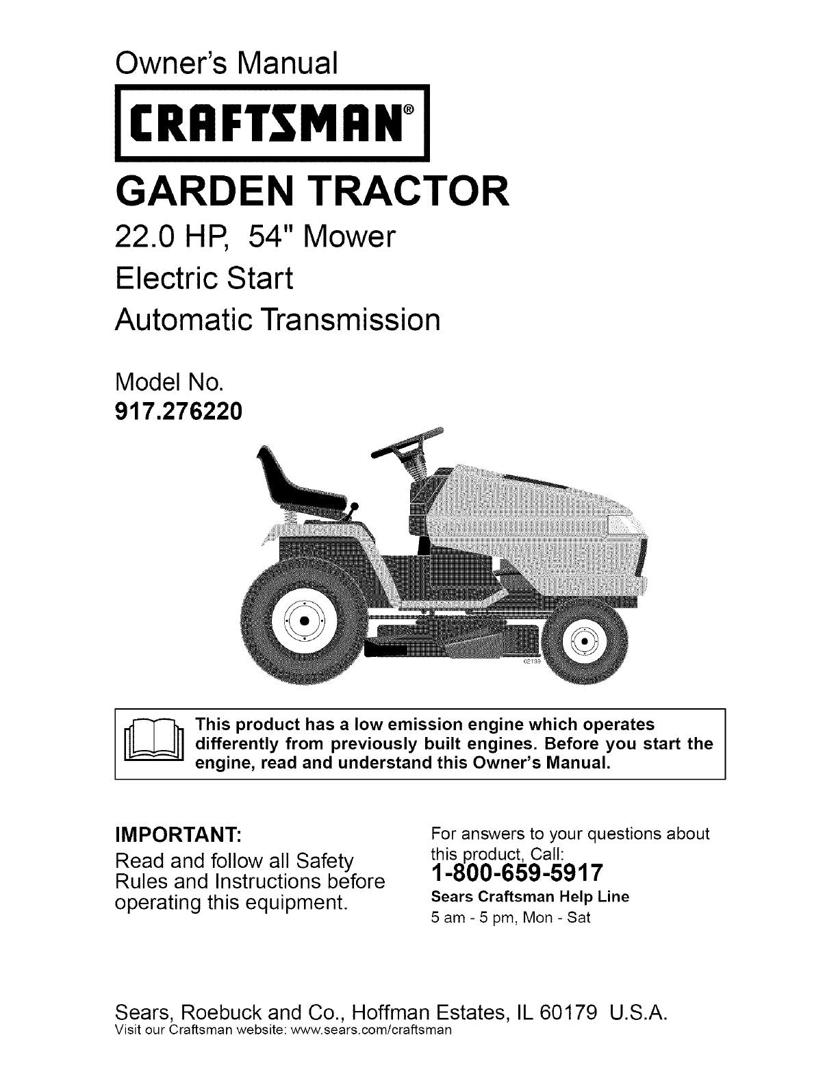 Craftsman 917276220 User Manual GARDEN TRACTOR Manuals And Guides L0521927