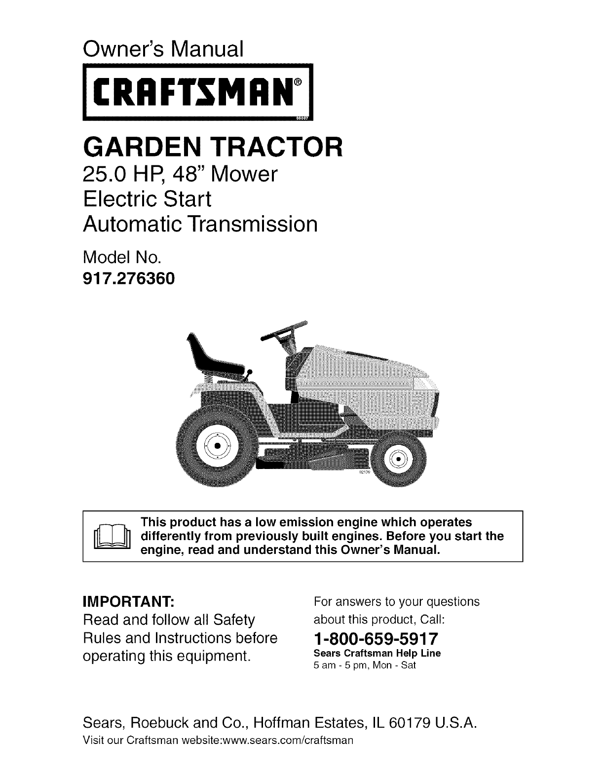 Craftsman 917276360 User Manual GARDEN TRACTOR Manuals And Guides L0504212