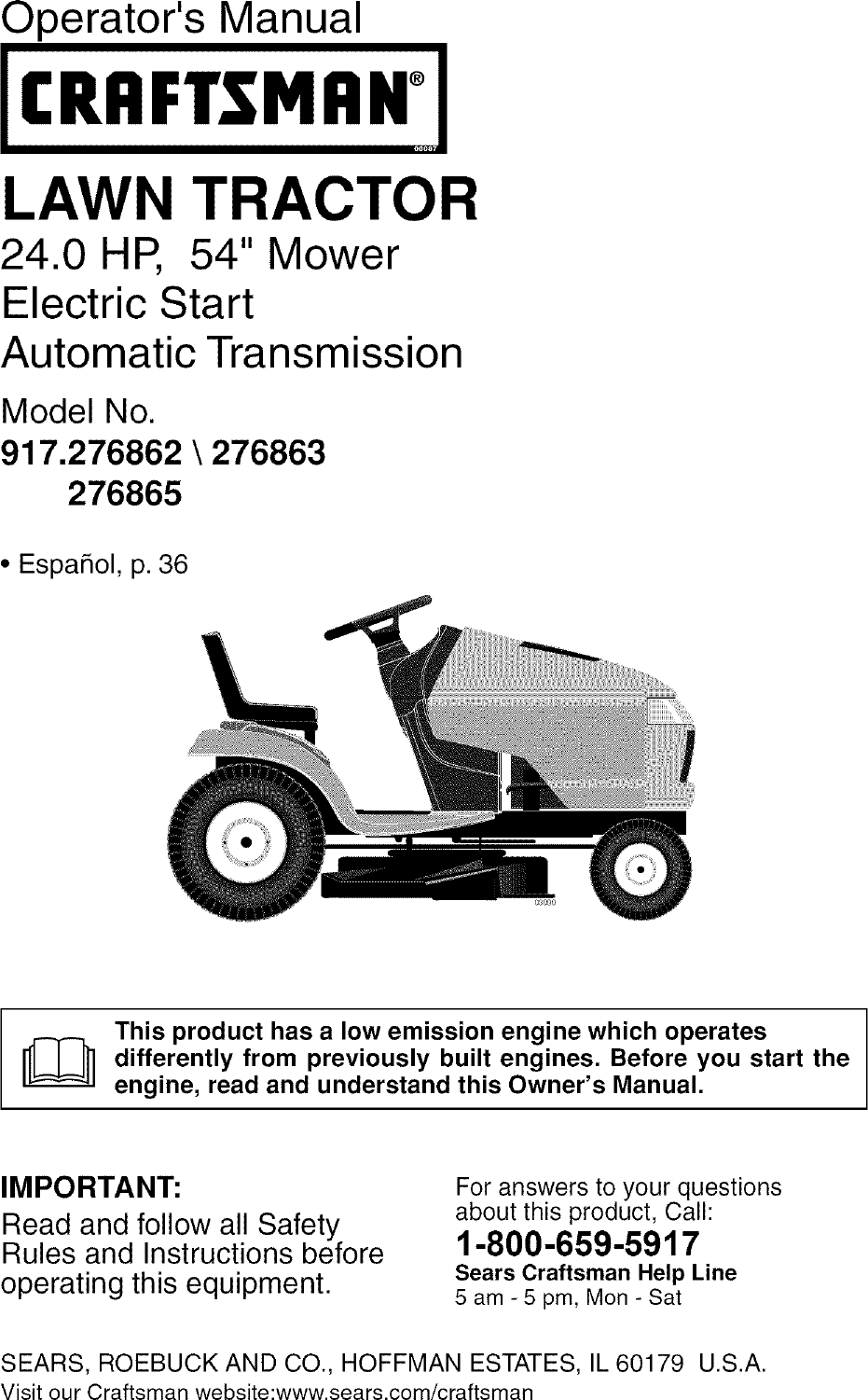 Craftsman 917276862 User Manual TRACTOR Manuals And Guides L0606061