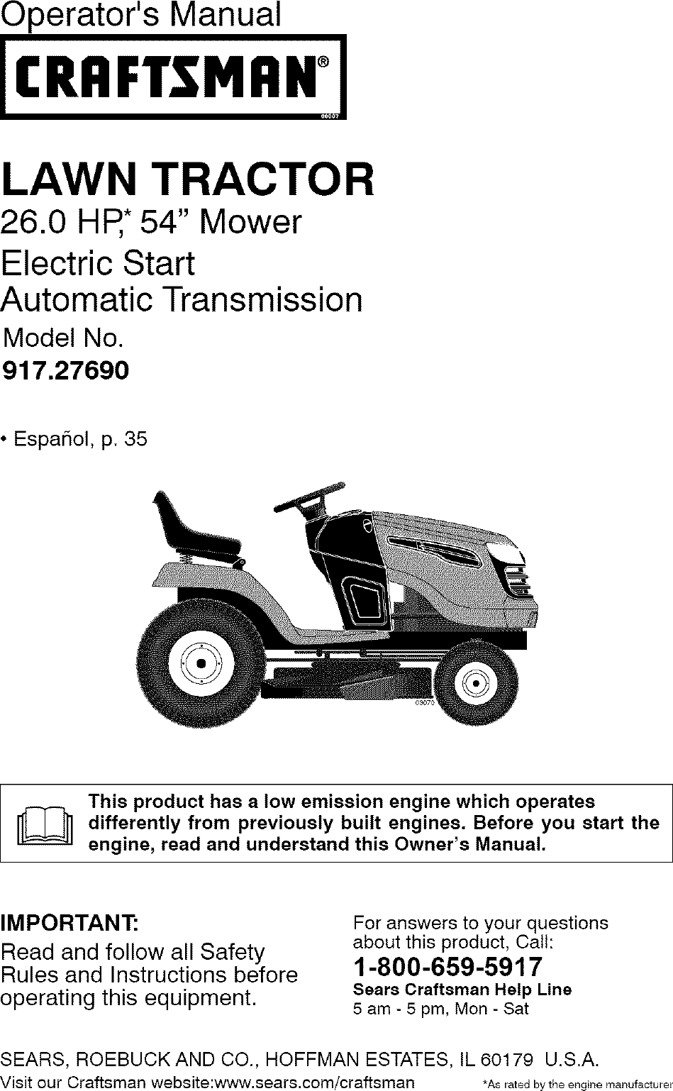 Craftsman 917276906 User Manual TRACTOR Manuals And Guides L0807247