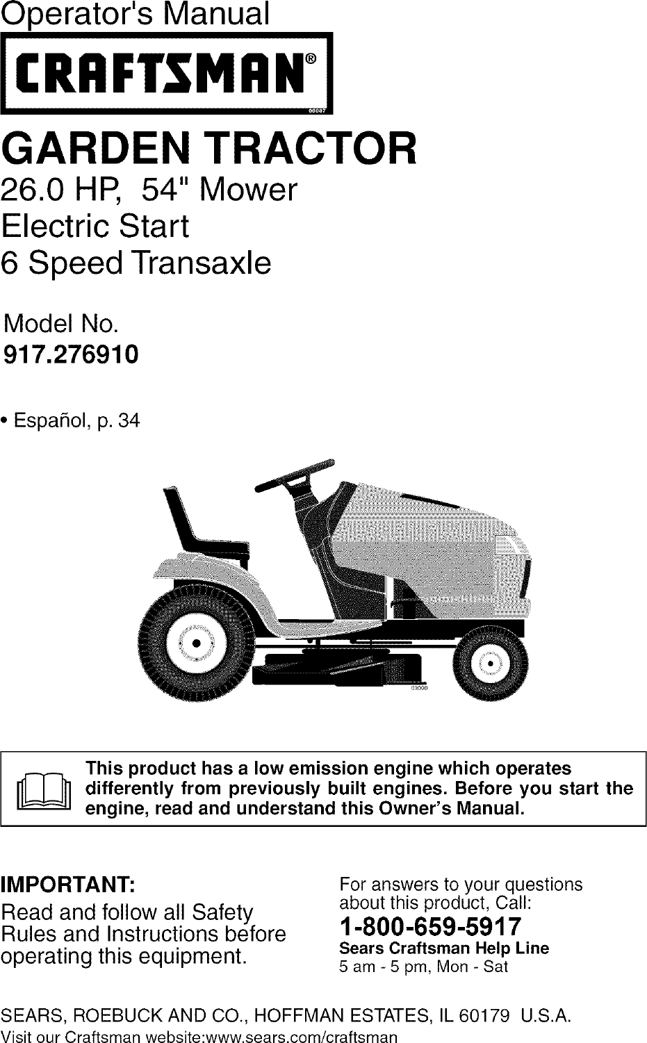 Craftsman 917276910 User Manual TRACTOR Manuals And Guides L0606067