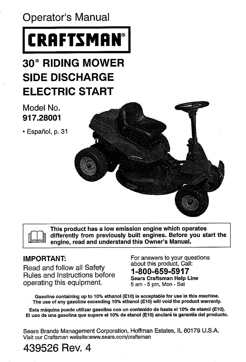 Craftsman 917280010 1108066L User Manual RIDING MOWER Manuals And Guides