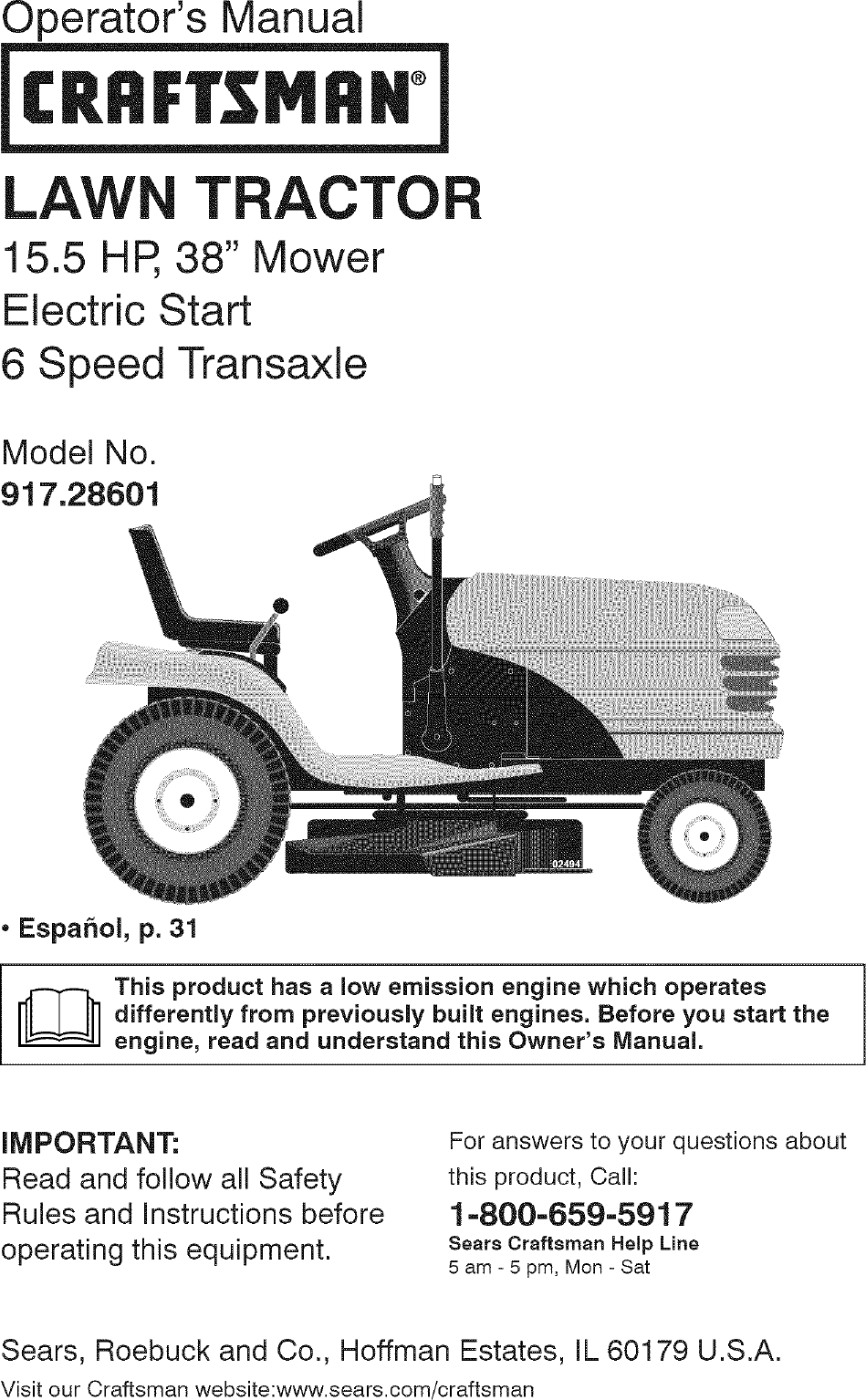 Craftsman 917286010 User Manual TRACTOR Manuals And Guides L0712406