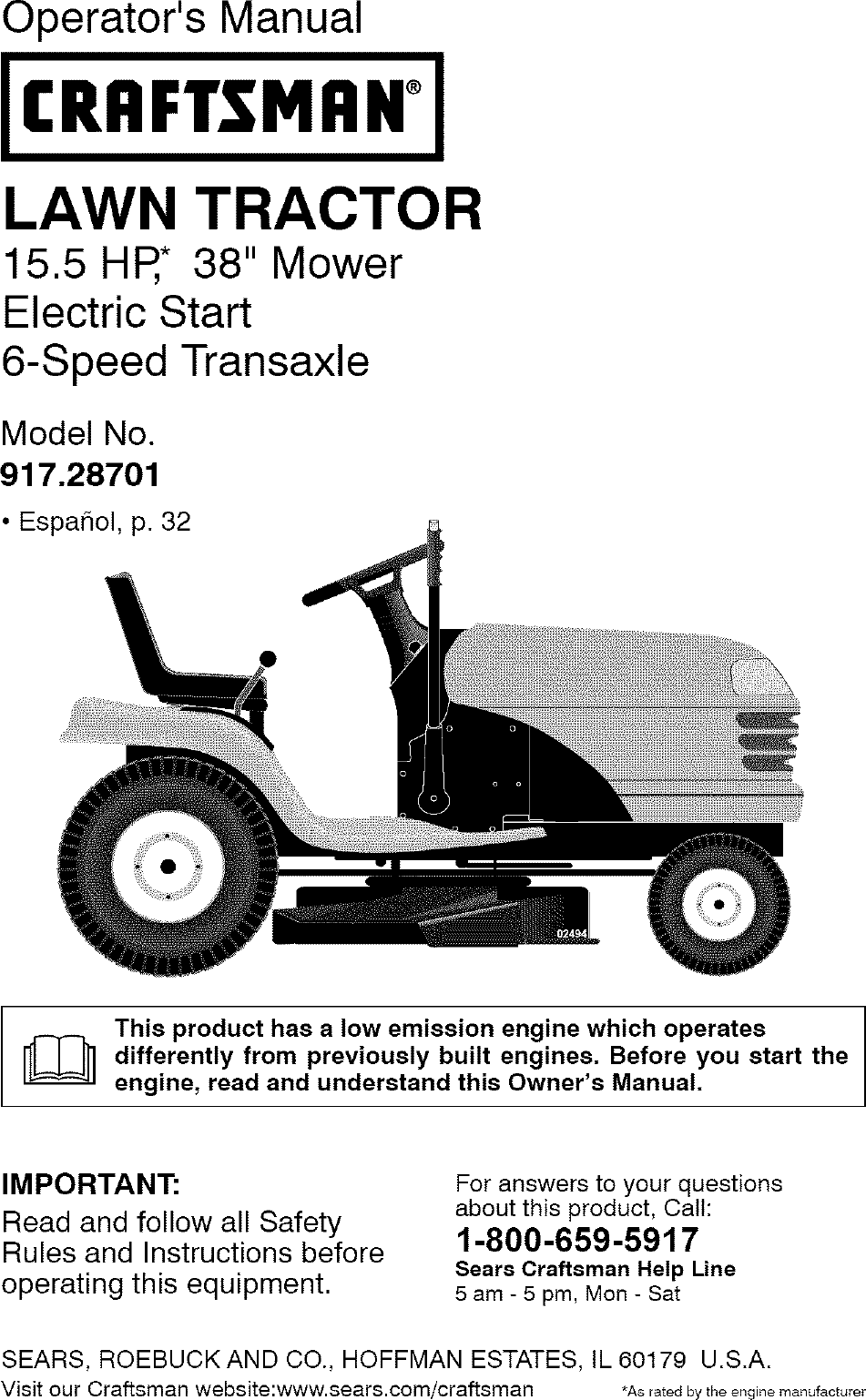 Craftsman 917287010 User Manual TRACTOR Manuals And Guides L0807248