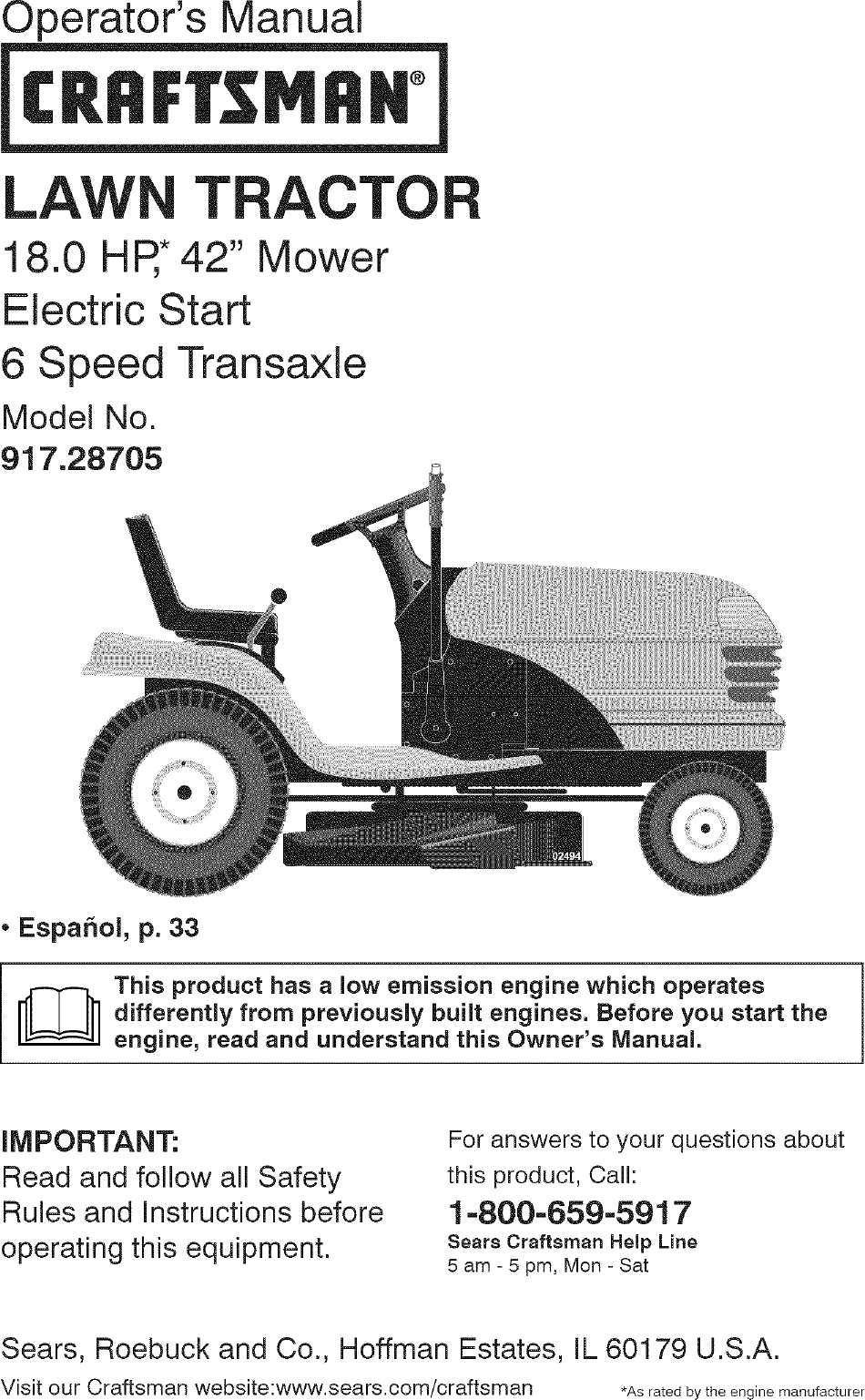 Craftsman 917287050 User Manual TRACTOR Manuals And Guides L0804266