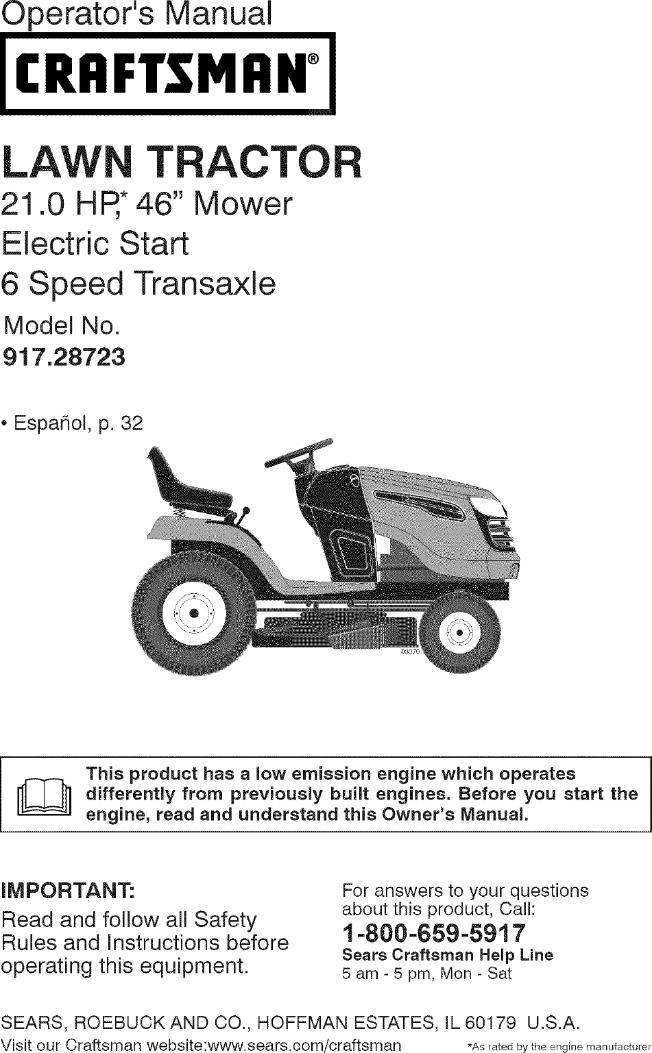 Craftsman 917287230 User Manual TRACTOR Manuals And Guides L0803341