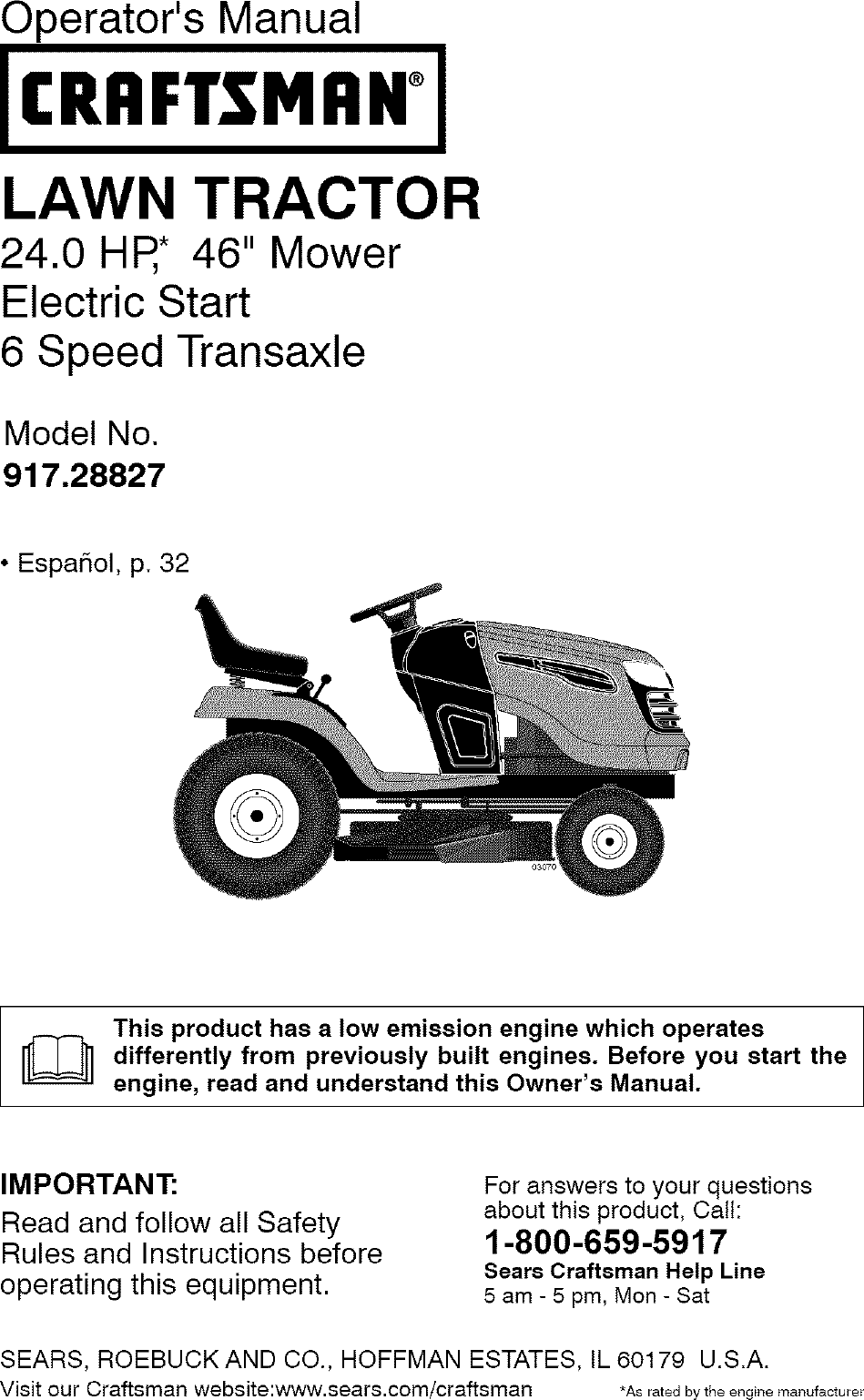 Craftsman 917288270 User Manual TRACTOR Manuals And Guides L0807307