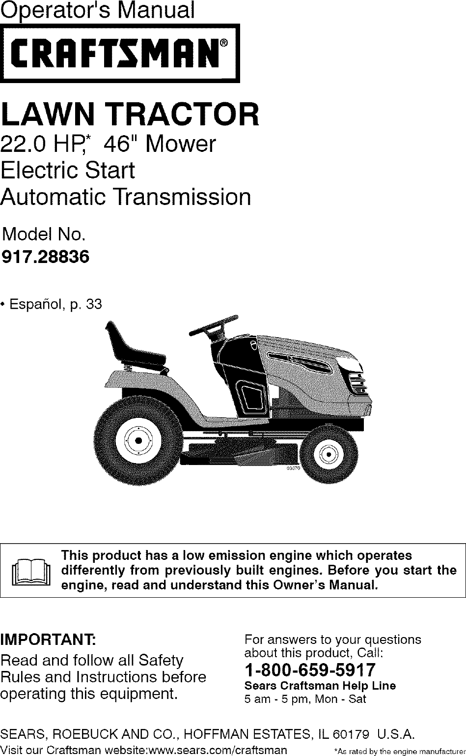 Craftsman 917288360 User Manual TRACTOR Manuals And Guides L0807330