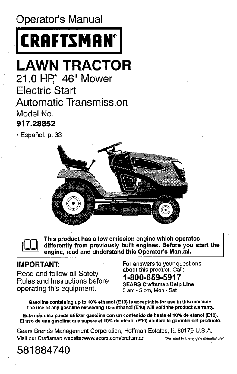 Craftsman 917288523 User Manual TRACTOR Manuals And Guides 1211410L