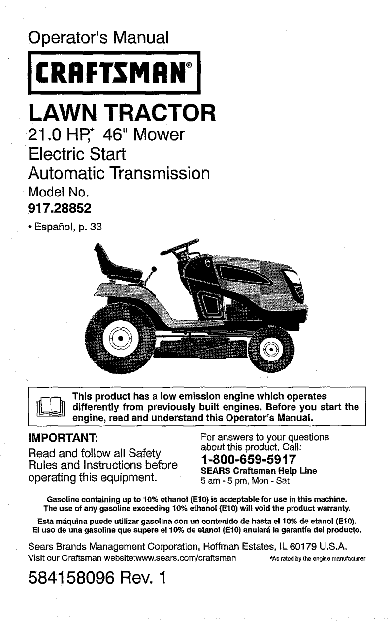 Craftsman 917288525 User Manual TRACTOR Manuals And Guides 1302275L