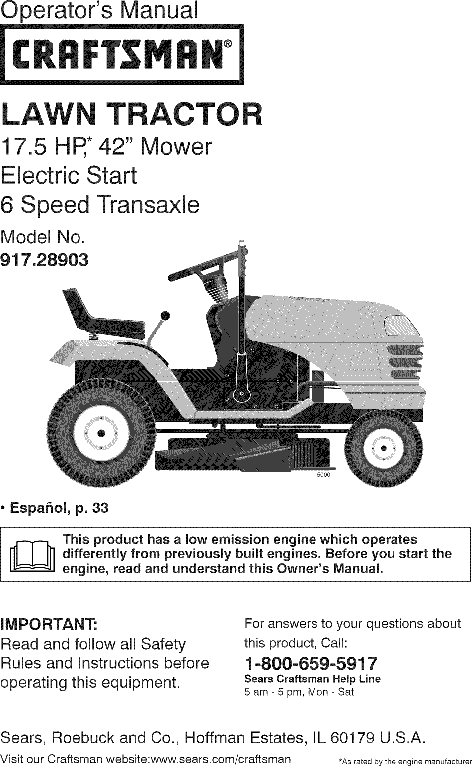 Craftsman 917289033 User Manual TRACTOR Manuals And Guides L0906274